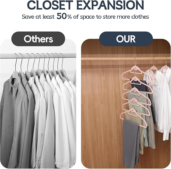 Velvet Hangers 50 Pack Pink, Non Slip Stackable Clothes Hangers with Cascading Hooks, Ultra Thin and Space Saving Felt Hangers with Tie Bar, 360° Swivel Hooks, Heavy Duty for Suit Coat Shirt Pant