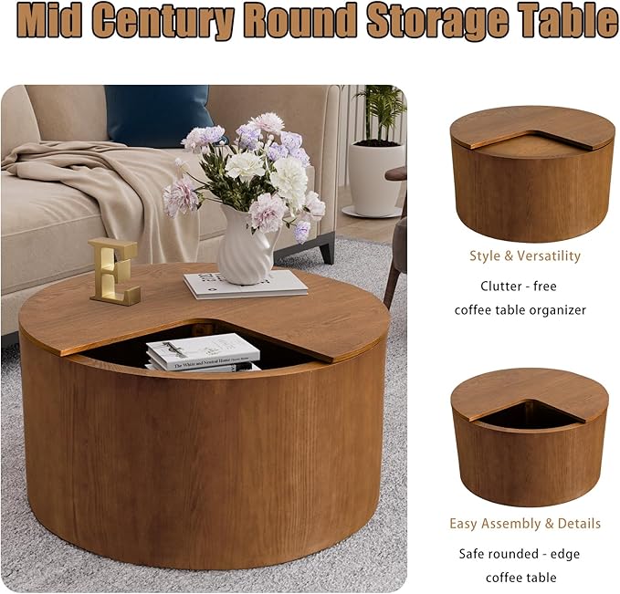Mid - Century Modern Round Drum Coffee Table with 360° Rotating Desktop & Storage, 27.16" Walnut Small Center Table for Living Room & Home Small Spaces (Brown 27.16)