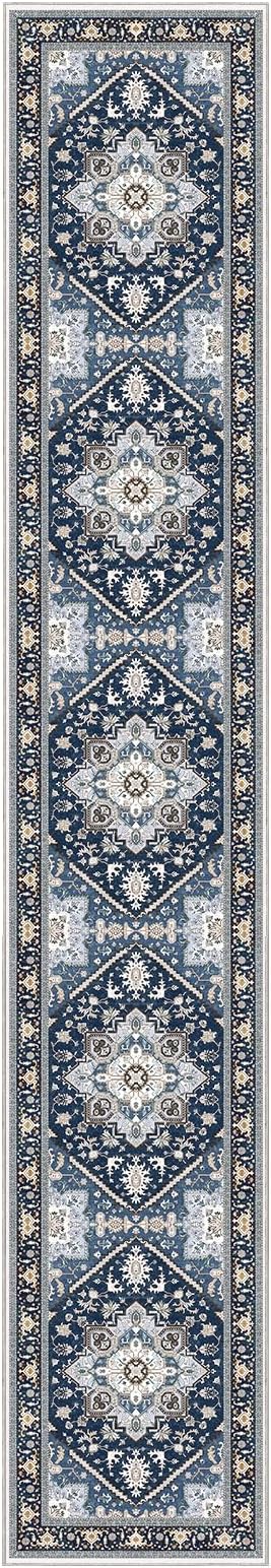 OPPODREAM Thin Entryway Rug 2x12, 2x12 Rug Runner, Washable Hallways Carpet 2 x 12 with Non Slip Backing, Low-Pile Bedside Carpet 2 x 12, Long, Faux Cashmere, Navy Blue & Gold