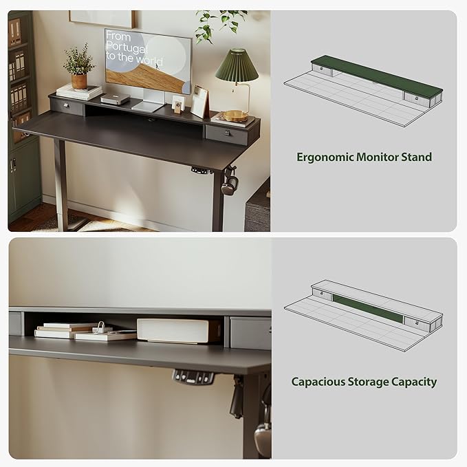 Agilestic 53x 24 Inches Height Adjustable Electric Standing Desk with 2 Drawers, Stand Up Electric Desk Adjustable Height, Sit Stand Computer Gaming Table with Splice Board, Black