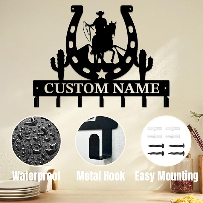 Personalized Custom Name West Cowboy Keys Hooks,Metal Cowboy Art Clothes Keys Hooks,Metal Cowboy Lover Wall Home Storage Decorative Keys Hooks,Key Holder Hooks for Wall (Style A)