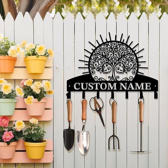 Life Tree Key Hook - Customized Metal Wall Organizer with Name Engraving, Black Iron Home Decor for Themed Collectors (Style D)