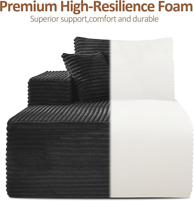 110" Boneless Sectional Couch with Chaise Lounge, Cloud Couch Compressed Sofa L Shape, No Assembly Memory Foam Sofa for Living Room, Black Corduroy