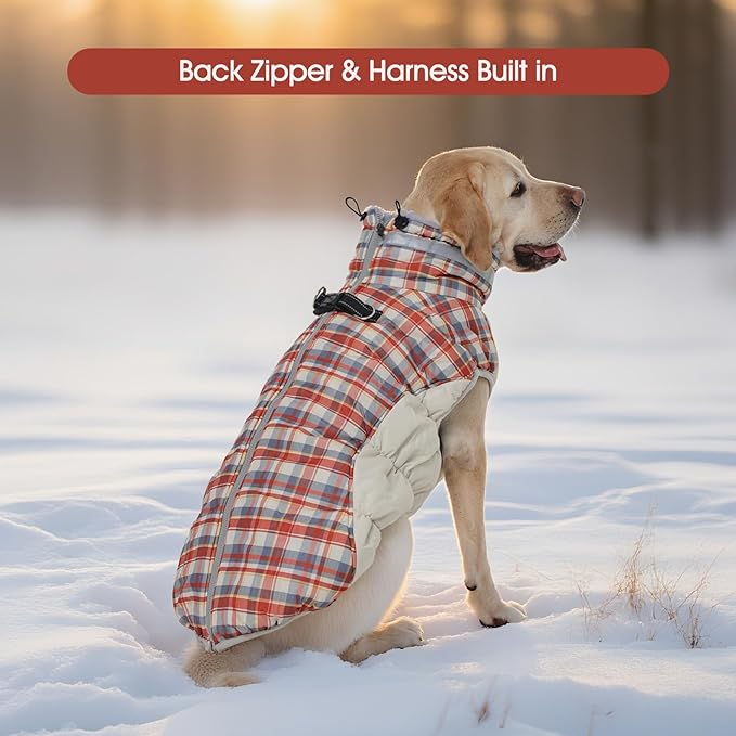 FUAMEY Dog Coat for Large Dogs,Waterproof Dog Winter Jacket with Harness Built in Puppy Cold Weather Coats Reflective Pet Vest with Zipper Warm Fleece Dogs Snowsuit Windproof Red Plaid L
