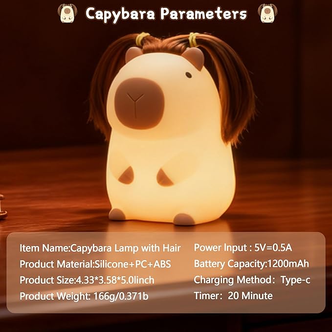 Cute Capybara Night Light with DIY Hairstyle ,Squishy Silicone Lamp, Nursery Nightlight for Kids, Rechargeable Touch Bedside Lamp, Bedroom Decor, Baby Boys Girls,White Elephant Gifts,Funny Xmas Gifts