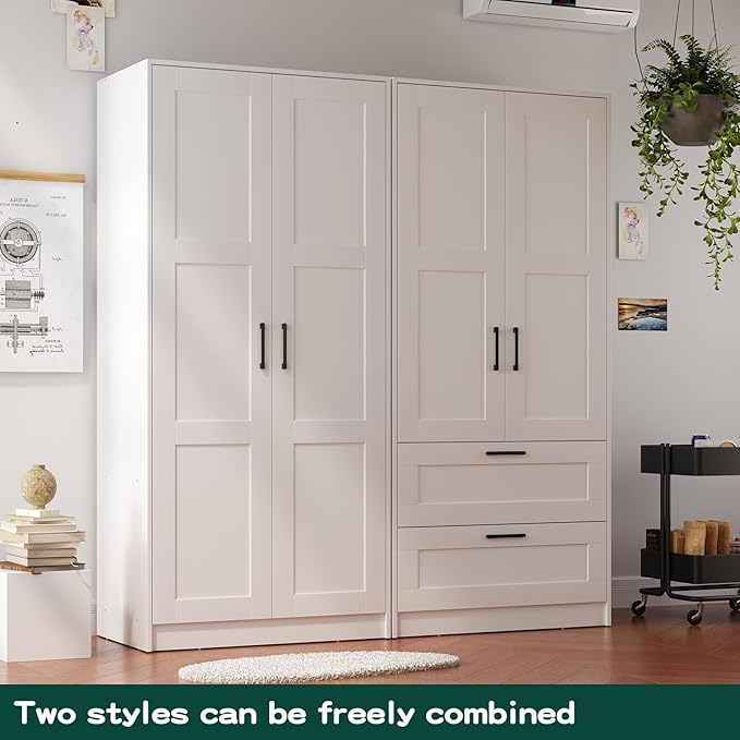 Fddevelop Fenghua Lizhi Wood White Wardrobe Closet with 2 Doors，Bedroom Freestanding Armoire Storage Cabinet with Shelves，Wooden Wardrobe Combination for Hanging Clothes