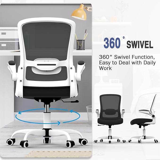 Mimoglad Ergonomic Office Chair - BIFMA Certified, Flip-up Armrests & 135° Recline, Adjustable Lumbar Support - Space-Saving Task Chair for Business/Team Office & Home (White Frame-Black, 300lbs)