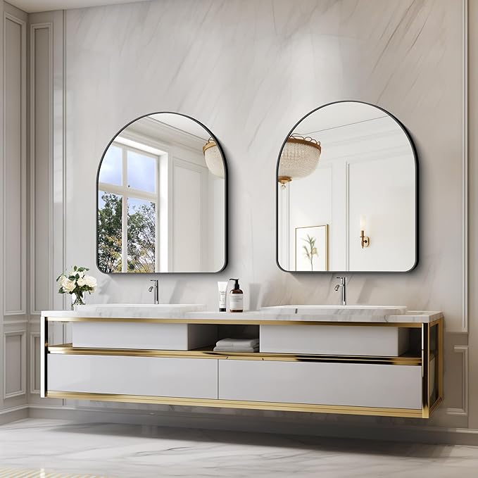 Arched Bathroom Mirror, 30"x36" Black Arched Mirror for Bathroom, Wall Mounted Mirror, Black Vanity Wall Mirror w/Metal Frame for Bedroom, Entryway, Living Room, Hanging or Leaning Against Wall