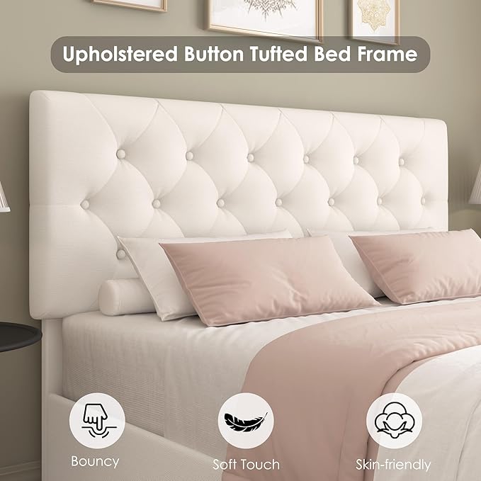 Keyluv Modern Upholstered Bed Frame with 4 Storage Drawers, Button Tufted Headboard Design, Solid Wooden Slat Support, Easy Assembly, Fabric, Beige, Queen Size