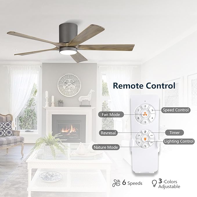 ELEHINSER 52 inch Low Profile Ceiling Fan with Light, 5 Solid Wood Blades, 6-Speeds, Quiet DC Motor, Timer, Flush Mount Modern Ceiling Fan with Remote for Living Room Bedroom, Charcoal Grey