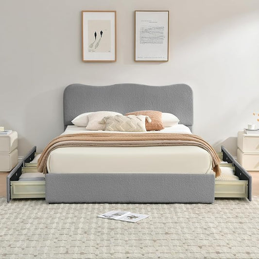 VELOCAVA Queen Size Storage Bed with 4 Drawers, Modern Upholstered Bouclé-Textured Platform Frame with Curved Headboard, Rounded Corners, Wood Slats, No Box Spring Needed, Light Gray