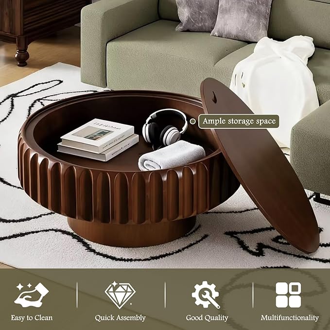 Round Coffee Table with Hidden Storage, Modern Circle Coffee Tables Handcraft Fluted Drum Coffee Table with Solid Wood Relief, Mid Century Center Table for Living Room Apartment (Walnut 31.5 Inch)