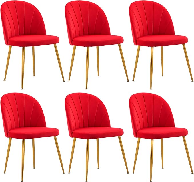 Velvet Dining Chairs Set of 6, Upholstered Mid Century Modern Dining Room Chairs, Armless Accent Chair with Metal Gold Legs for Living Room, Kitchen, Rose Red