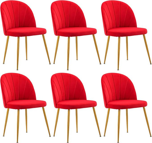 Velvet Dining Chairs Set of 6, Upholstered Mid Century Modern Dining Room Chairs, Armless Accent Chair with Metal Gold Legs for Living Room, Kitchen, Rose Red