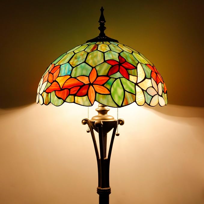 Tiffany Floor Lamp Red Yellow Green Flowers Stained Glass Standing Reading Light 16X16X70 Inches Antique Pole Corner Lamp Decor Bedroom Office Living Room