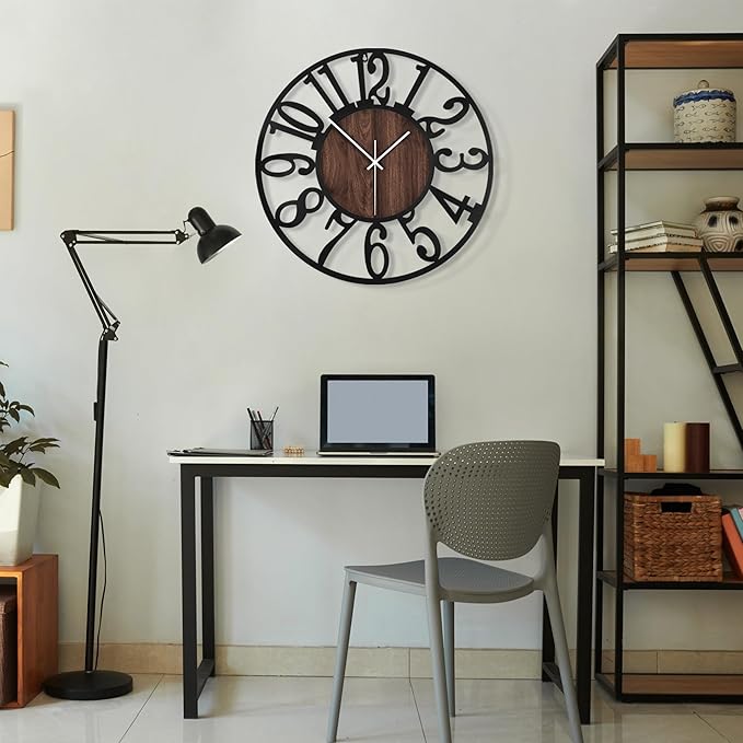 Maxstar Round Wall Clock for Living Room Decor Battery Operated Non Ticking Black Metal Wood Clocks for Home Living Room Garden Office Kitchen Decoration -16 inch