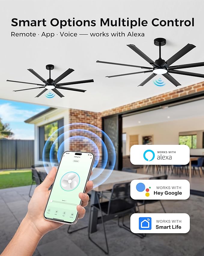 72In Black Aluminum Ceiling Fan with Light,Smart ceiling fan with Alexa and APP(via WIFI),6 Speed,3CCT,Quiet DC Outdoor Indoor fan for patio and Living Room