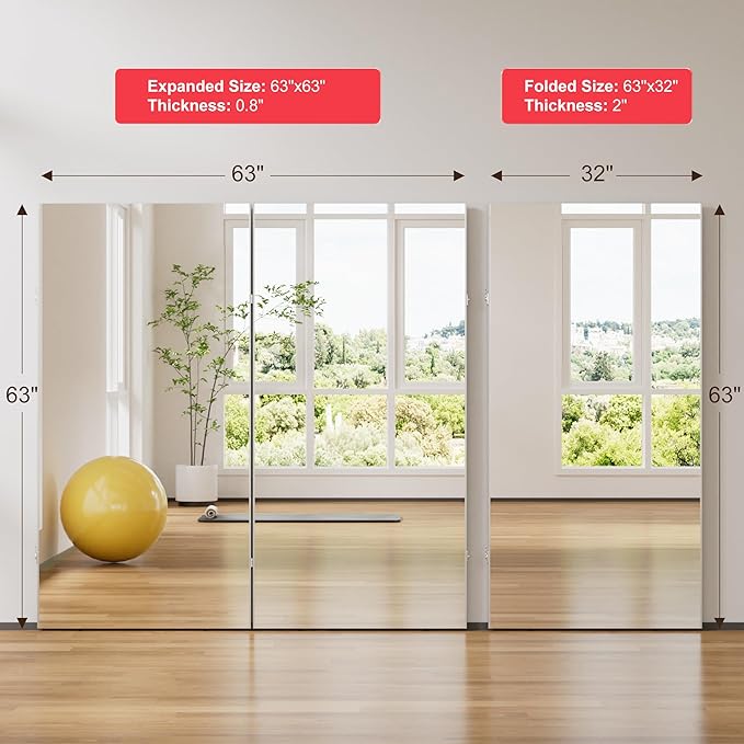 brisafe 360-Degree Folding Full-Length Mirror - 71" x 63"Oversized Anti-Shatter Nano Film Mirror, Space-Saving Foldable Design for Home Gym/Yoga Studio, 60% Commercial Insurance Discount, White