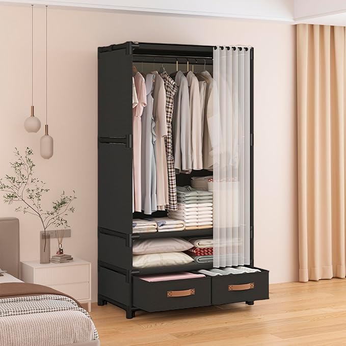 Portable Closet,Portable Closets for Hanging Clothes,Japanese Style Garment Rack Clothing Rack with 2 Drawers,1 Hanging Rods and 2 Storage Shelves,27.5" L x 17.7" W x 65.1" H,Black