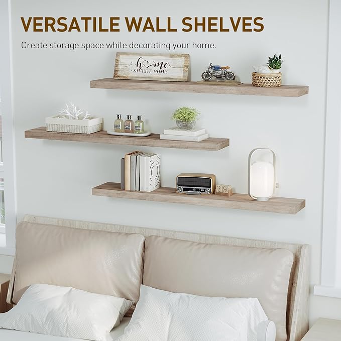 Floating Shelves for Wall, 1.5" Thick Wall Shelf Set of 3 with Invisible Brackets, L47.2 x W7.9 Hanging Book Shelves Farmhouse Home Decor for Bathroom, Living Room, Bedroom, Greige 12301BJP3BG