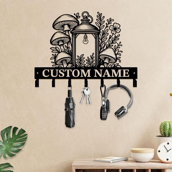 Customized Keys Holder - Personalized Mushroom Wonderland Key Hooks Wall Metal Sign Decor,Wall Holder,Door Hook (Style I)