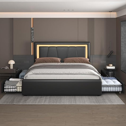 Full Bed Frame with 4 Storage Drawers and Adjustable Headboard, Upholstered Platform Bed with LED Lights and USB Ports, Solid Wooden Slats Support, Faux Leather, Easy Assembly, Black