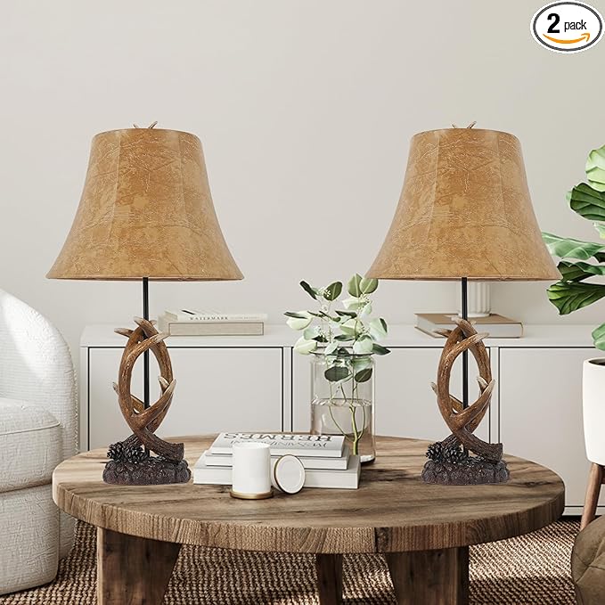 Rustic Western Antler Lamp Set of 2-22.9" Farmhouse Table Lamp with 2 USB Ports, Rustic Nightstand Lamp for Home Room Decor Living Room Bedroom