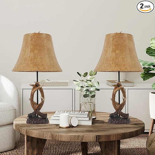 Rustic Western Antler Lamp Set of 2-22.9" Farmhouse Table Lamp with 2 USB Ports, Rustic Nightstand Lamp for Home Room Decor Living Room Bedroom