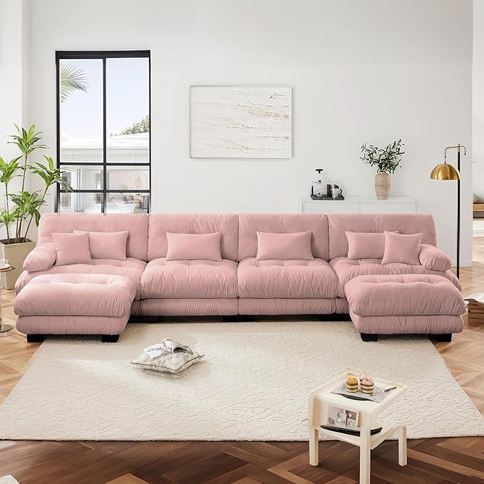 173.2" Oversized Couch, 4 Seater Modular Sectional Sofa, Pink Large U Shaped Fluffy Couch Set, Chenille Cloud Sofas with Ottoman for Living Room