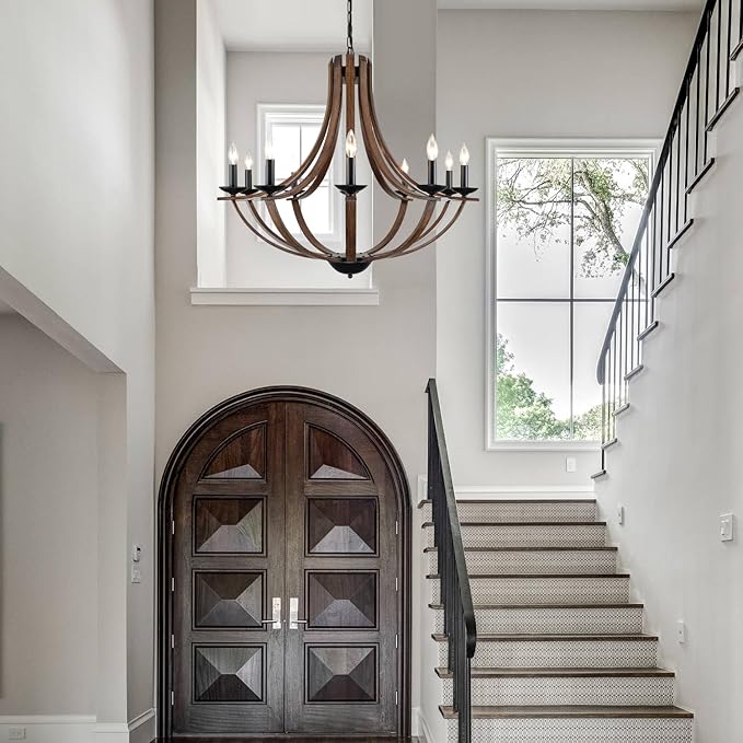 Rustic Chandeliers for Dining Room Light Fixture, 10-Light 35" Adjustable Height Retro Faux Wood Texture Farmhouse Light Fixtures for Living Room Bedroom Foyer Entryway