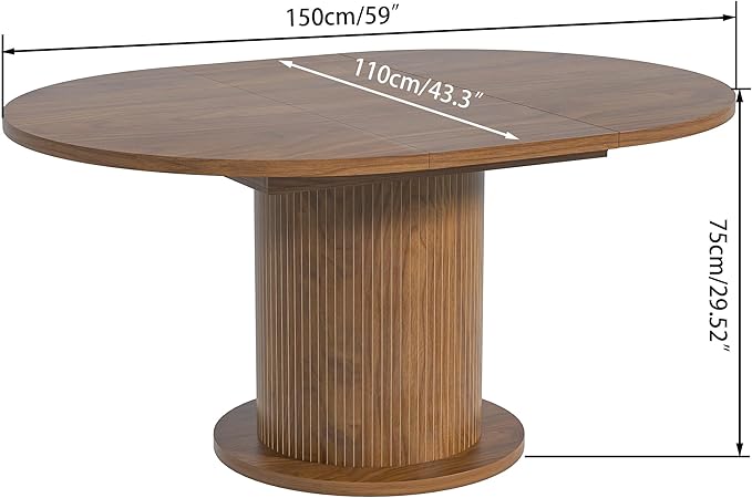 43.3 inch 59 inch Adjustable Size Round Dining Table for 4 6, Unique Design Modern Farmhouse Kitchen Table, Circle Dining Tables with Wood Strip Base for Kitchen Living Room (Walnut)