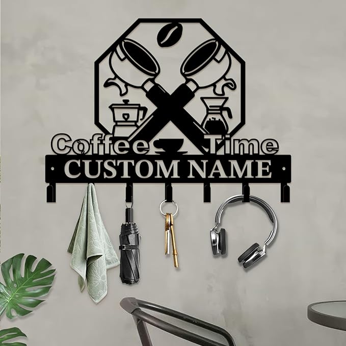 Coffee Bar Keys Holder - Metal Iron Wall Hooks with Custom Name | Personalized Home Decor & Gift Idea | Coffee-Themed Text Engraving Design (Style I)