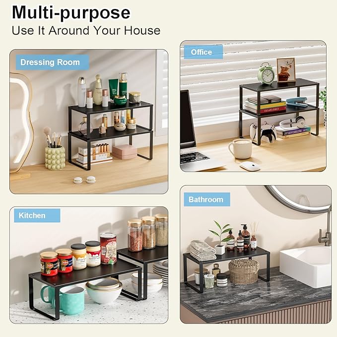 15.75" Long Stackable Expandable Metal Shelf Organizer For Kitchen Cabinet Counter Storage, Set of 2 Small Metal Storage Shelves Spice Rack For Kitchen Cupboard Countertop,Sturdy, 30LBS Heavy Duty