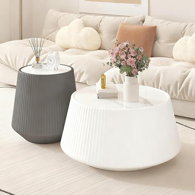 Round Coffee Table Set with Sintered Stone Tabletop, 26.77" White Drum Center Table and 19.68" Grey Coffee Table Set, 2 Pieces Living Room Table Set with Fluted PU Leather Cover& Stable Base