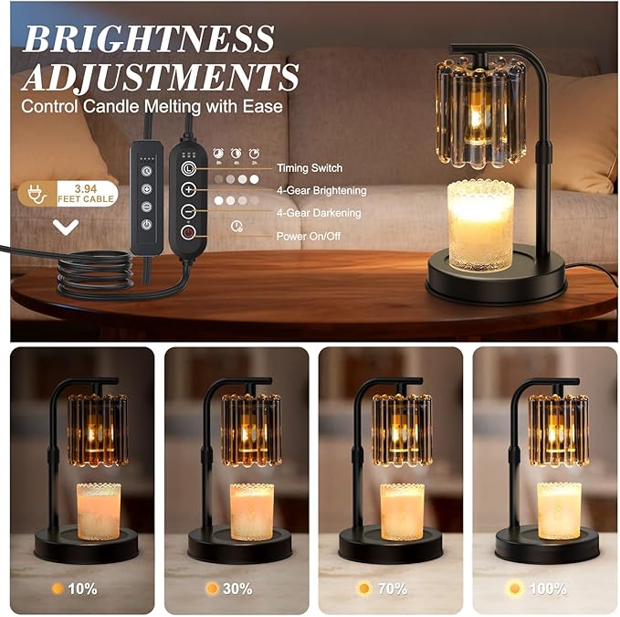 Uflatek Candle Warmer Lamp with Dimmable Timer, Electric Candle Lamp with Adjustable Height, Wax Melt Warmer for Jar Candles with 2 Bulbs, Vintage Home and Bedroom Decor, Housewarming Gift