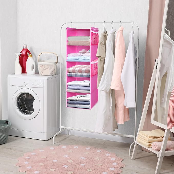 MAX Houser 5-Shelf Hanging Closet Organizer, Hanging Storage Shelves with 4 Side Pockets Space-Saving for Bedroom, Foldable (Pink)
