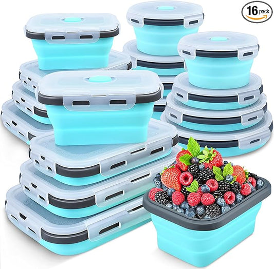 16 Pack Collapsible Food Storage Containers with Lid & Air Vent, 8 Rectangular and 8 Round Foldable Collapsible Silicone Lunch Containers Sets Bowls for Camping, Travel Trailer Must