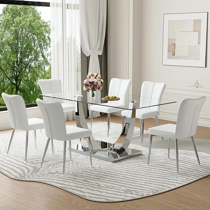 71'' Glass Dining Room Table Set for 6, Kitchen Table Set with 6 PU Leather Chairs, Tempered Glass Dining Table Set with Silver U-Shaped Table Legs and Rectangular Base