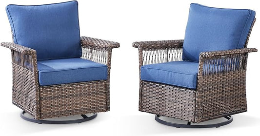 Outdoor Swivel Glider Chairs Set of 2 - Hollow Widen Armrests Wicker Patio Furniture Set, Comfortable High Back Outside Swivel Rocker for Balcony Porch Deck and Yard - Brown/Blue