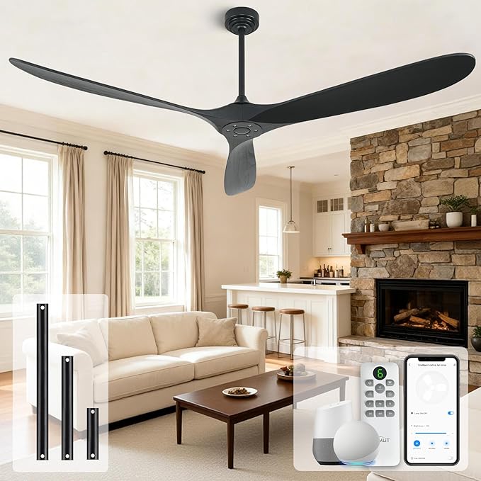 Ceiling Fan Without Light, 72 Inch Smart Wood Ceiling Fan no Lights, Compatible with Alexa/Google, 3 Natural Walnut Black Blades, Remote, Quiet Reversible DC Motor for Indoor Outdoor