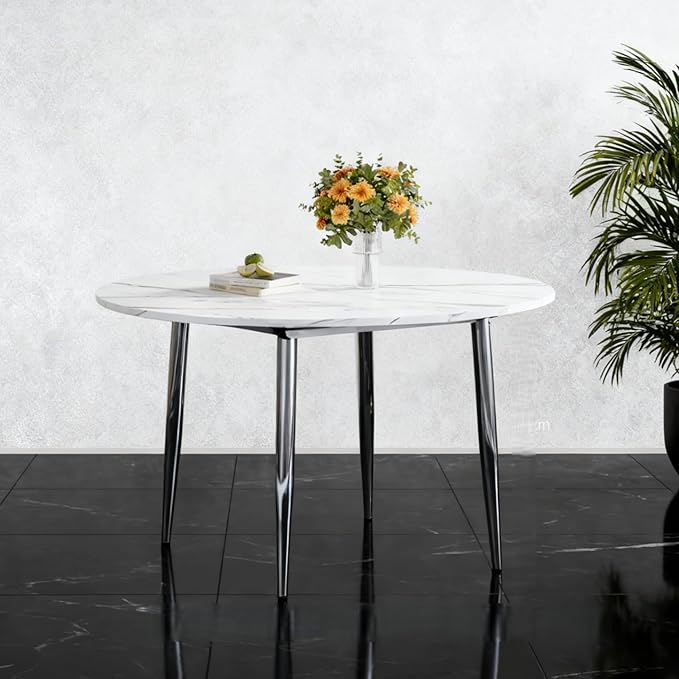 FURNITO 42"-54" Extendable Round Dining Table for 4–6, White Faux Marble & Wood Grain Top with Silver Metal Legs, Contemporary Oval Kitchen Table, Space-Saving Dining Room Table, Easy Assembly