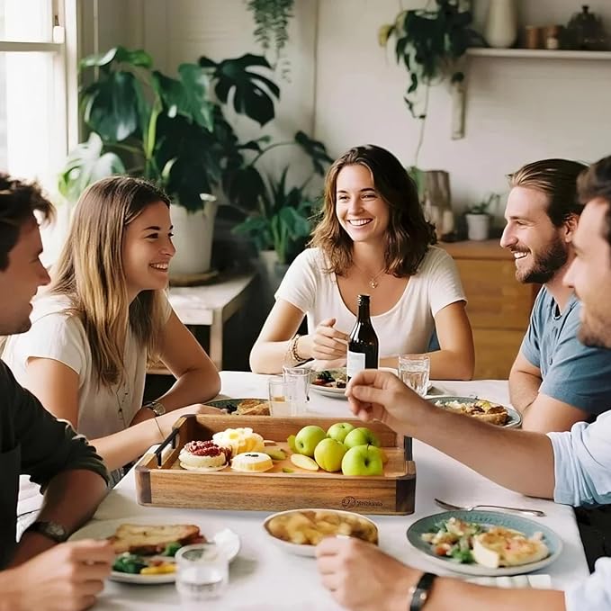 Wood Serving Tray with Handles, 17"x13" Large Decorative Ottoman Tray for Coffee Table, Walnut and Acacia Wooden Serving Trays for Party, Home Decor Rectangular Platters with 3 Silicone Mats