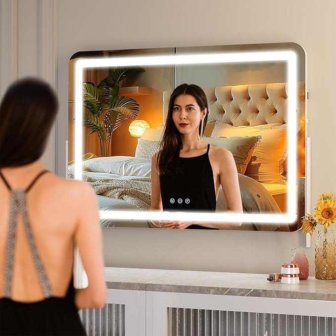 Hasipu Vanity Mirror with Lights, 30" x 21" LED Makeup Mirror, Light up Mirror with 10X Magnification and Phone Holder, USB Charging Port, Smart Touch 3 Colors Dimmable, 360° Rotation (White)