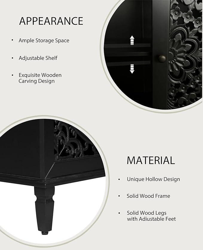 Retro 60'' Large Storage Cabinet Sideboard with 4 Hollow-Carved Doors and Adjustable Shelves, Acacia Wood Vintage Entryway Console Table TV Stand for Living Room Dining Room (Black-LK)