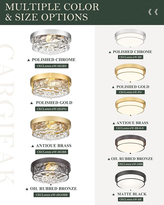 12" Flush Mount Ceiling Light, Brushed Nickel Finish, Hammered Glass Shade, Modern Farmhouse Style for Bedroom, Living Room, Dining – CKCL4822-2W-HGBN