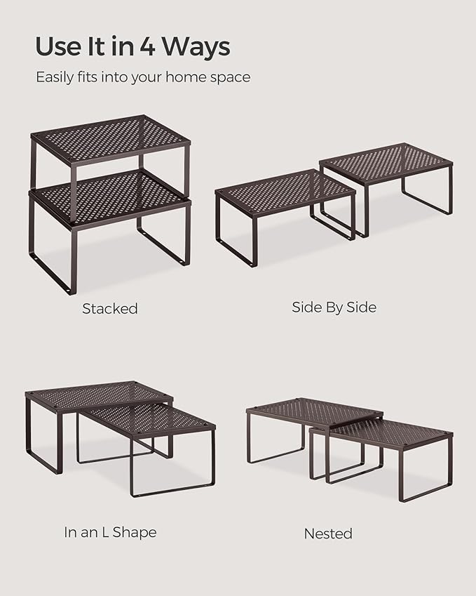 SONGMICS Spice Racks, Set of 2 Metal Cabinet Shelf Organizers, Countertop Organizers, Shelf Risers, Stackable, Expandable, Brown UKCS01BR