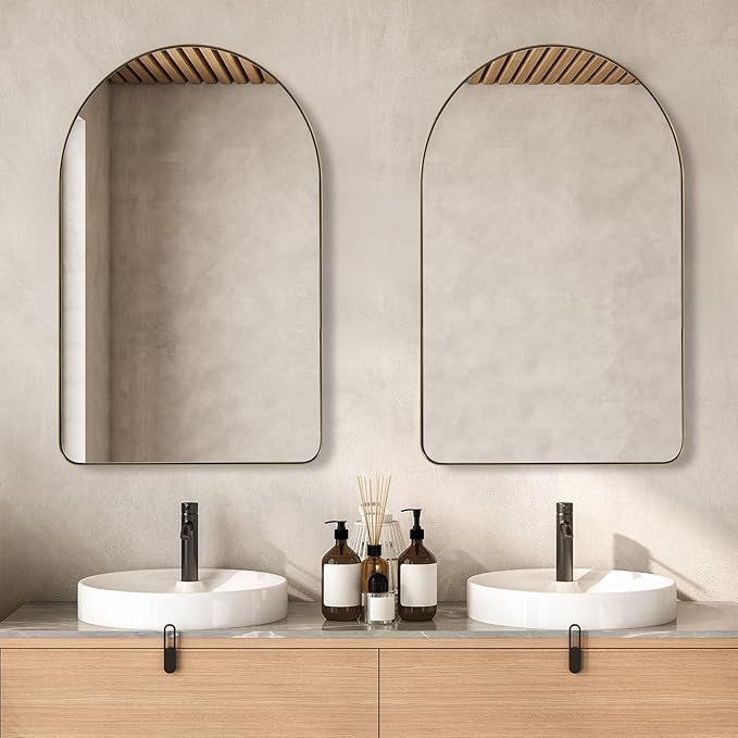 ANDY STAR Arched Mirror, 20 x 30 Inch Gold Bathroom Mirror in Stainless Steel Metal Frame, Arch Top Rounded Corner 1 Inch Deep Set Design Wall Mount Hangs Vertical