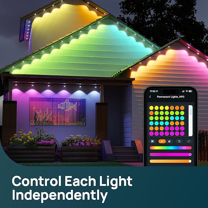 Linkind Permanent Outdoor Lights,100ft with 72 Triple-LED,AI Lighting,Smart RGBTW for Christmas Lights Outdoor,Christmas Decorations, IP67 Waterproof, Works with Alexa,Google Assistant