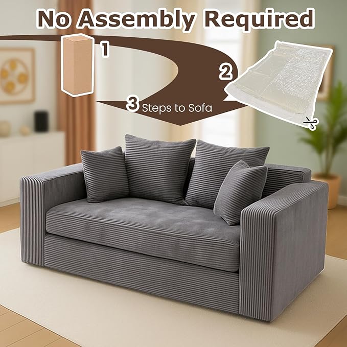 Convertible Sofa Bed, 3 in 1 Loveseat Folding Couch Bed Foldable - Boneless Couch & Floor Futon Sleeper, Corduroy Pull Out Sofa Bed with 4 Pillows for Living Room, Grey