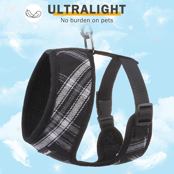SCENEREAL No Pull Dog Harness Collar and Leash Set Small Medium Sized Dog, Soft Mesh Step in Puppy Harnesses, No Chock Plaid Adjustible Pet Vest for Outdoor Walking Training and Running, Black M